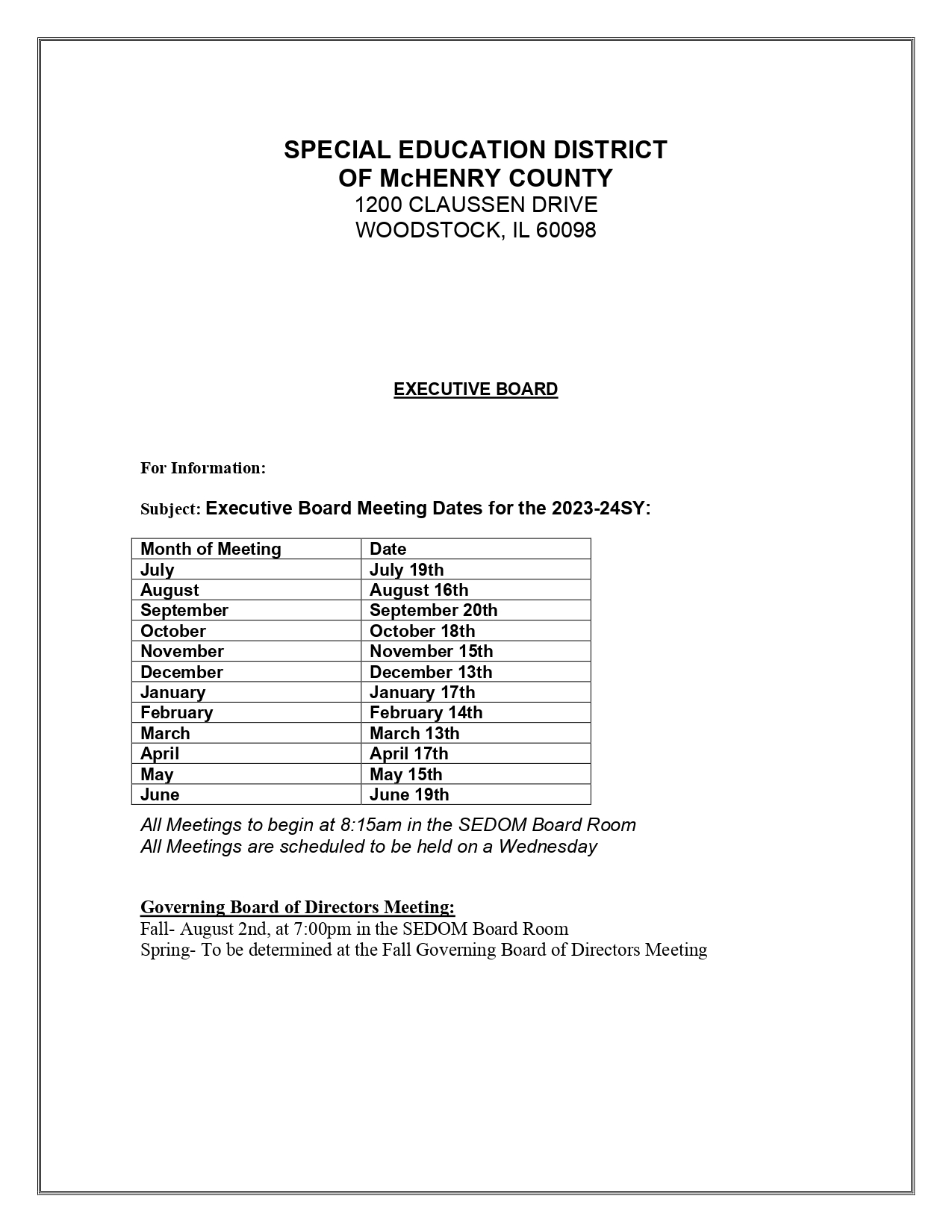 Executive Board Meeting Calendar